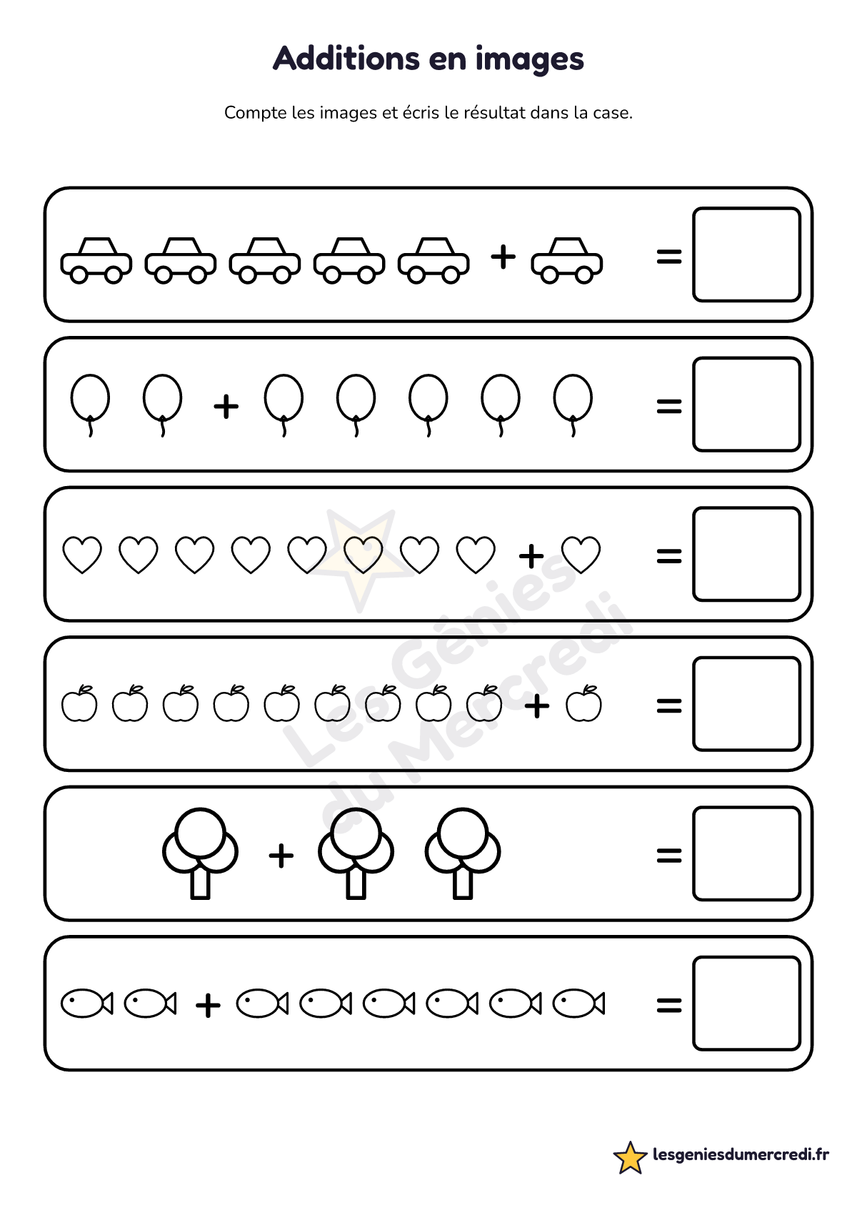 Fiche « Additions en images » à imprimer (Jusqu'à 10), maternelle moyenne section, grande section
