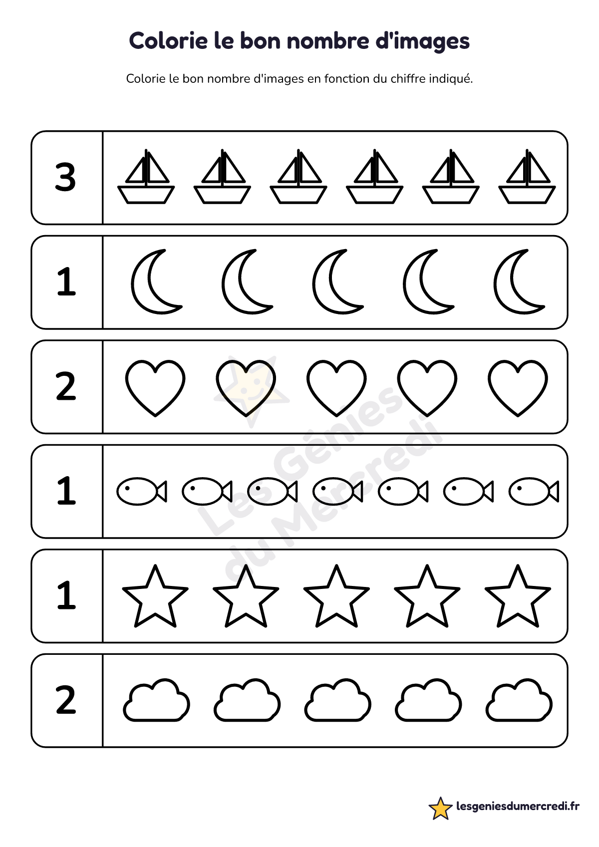 Fiche « Colorie le bon nombre d'images » à imprimer (Jusqu'à 3), maternelle petite section, moyenne section