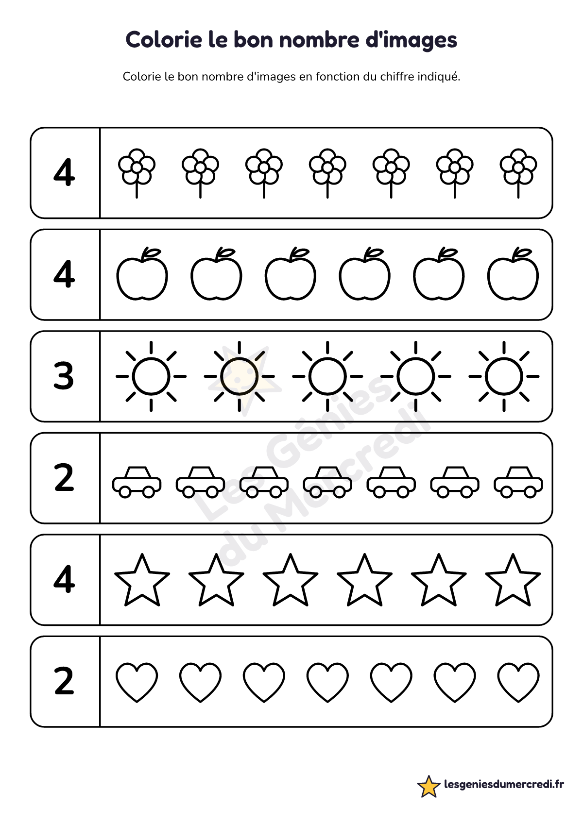 Fiche « Colorie le bon nombre d'images » à imprimer (Jusqu'à 4), maternelle petite section, moyenne section