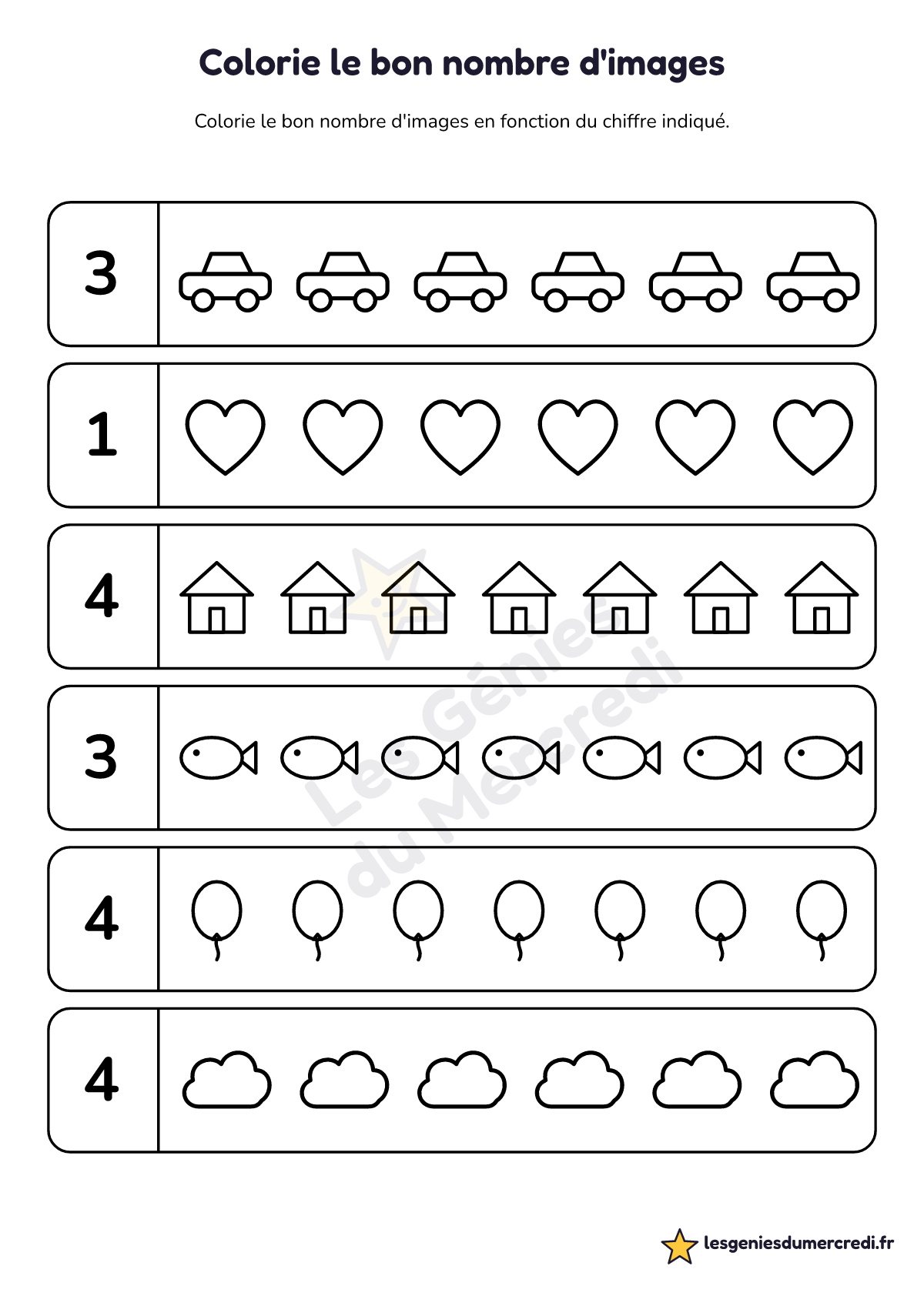 Fiche « Colorie le bon nombre d'images » à imprimer (Jusqu'à 5), maternelle petite section, moyenne section