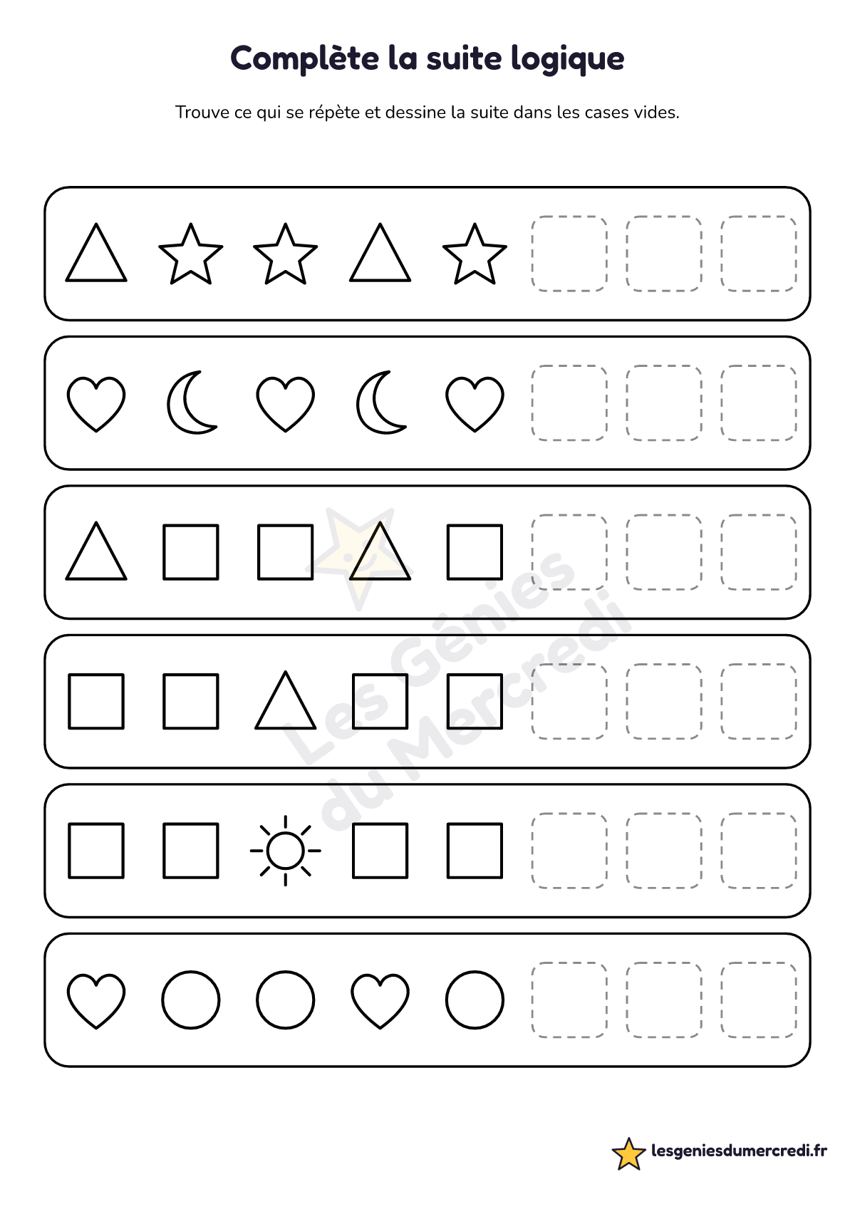 Fiche « Complète la suite logique » à imprimer (AAB, ABB), maternelle petite section, moyenne section, grande section