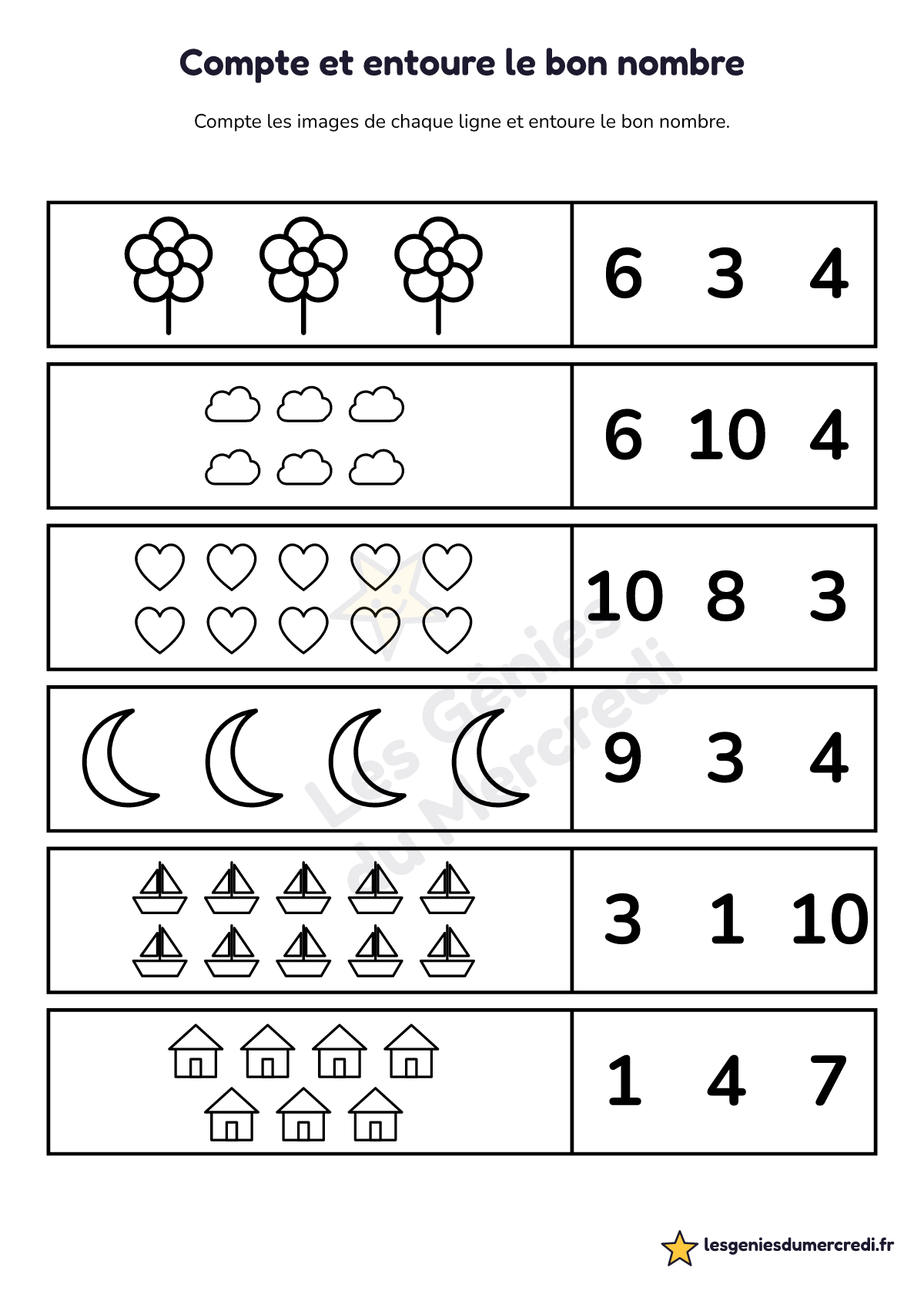 Fiche « Compte et entoure le bon nombre » à imprimer (Jusqu'à 10), maternelle moyenne section, grande section