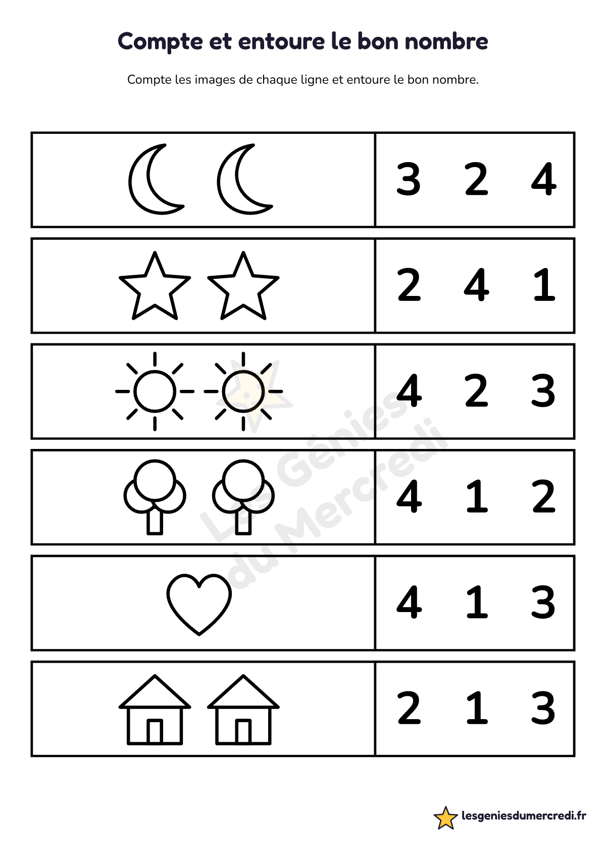 Fiche « Compte et entoure le bon nombre » à imprimer (Jusqu'à 3), maternelle moyenne section, grande section
