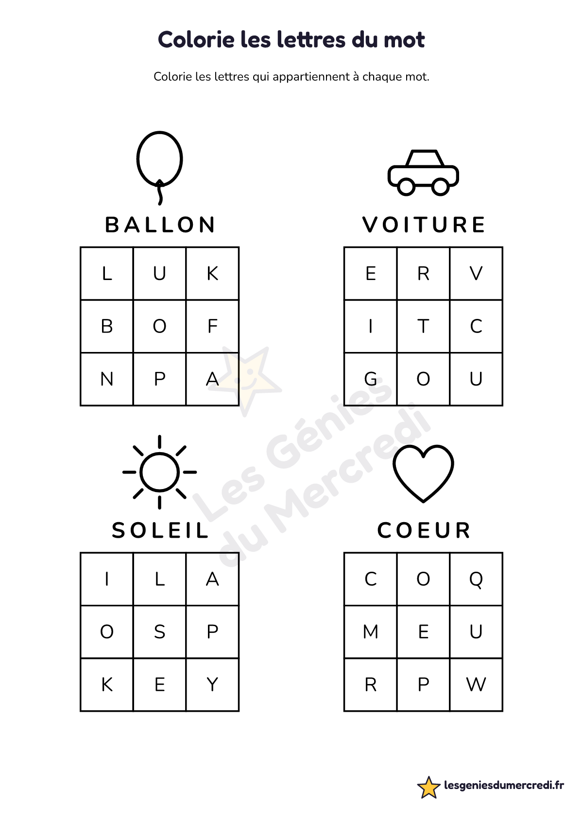 Fiche « Colorie les lettres du mot » à imprimer (3 × 3, CAPITALES), maternelle moyenne section, grande section