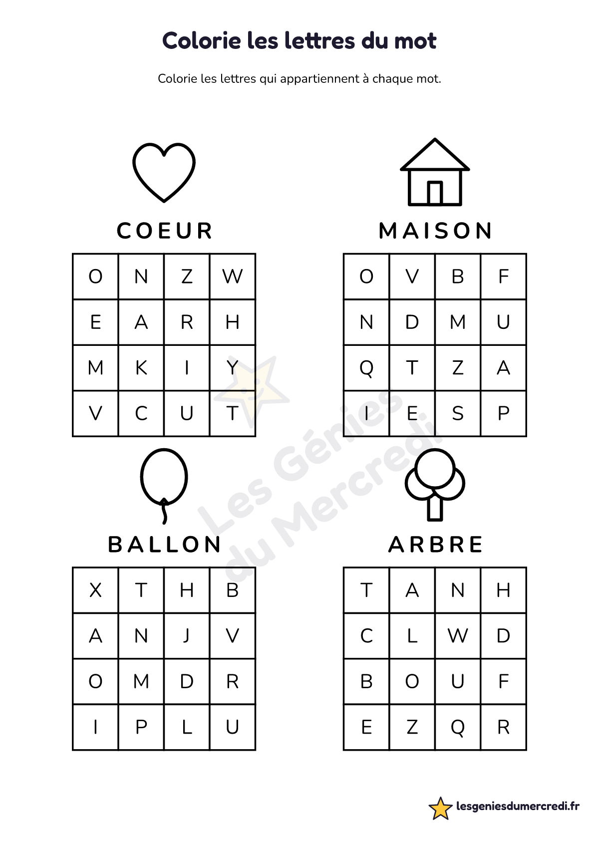 Fiche « Colorie les lettres du mot » à imprimer (4 × 4, CAPITALES), maternelle moyenne section, grande section