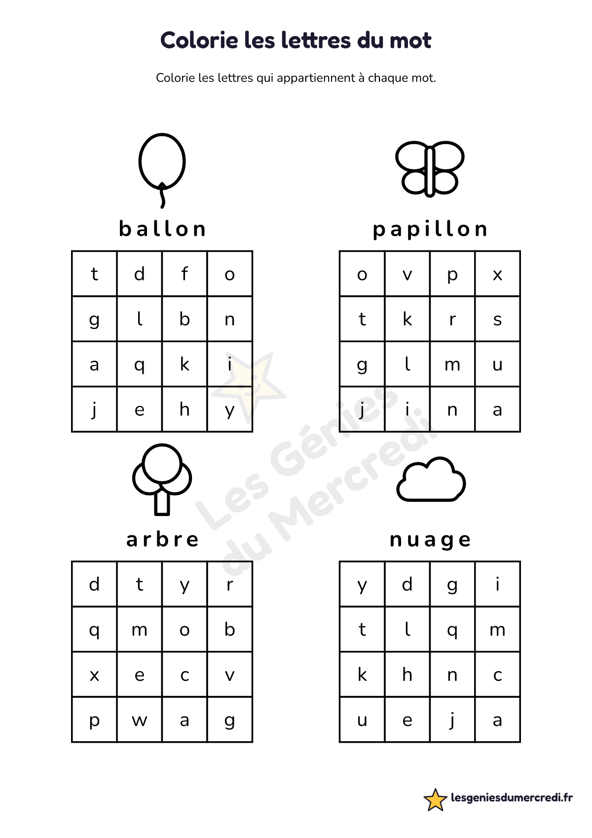 Fiche « Colorie les lettres du mot » à imprimer (4 × 4, minuscules), maternelle moyenne section, grande section