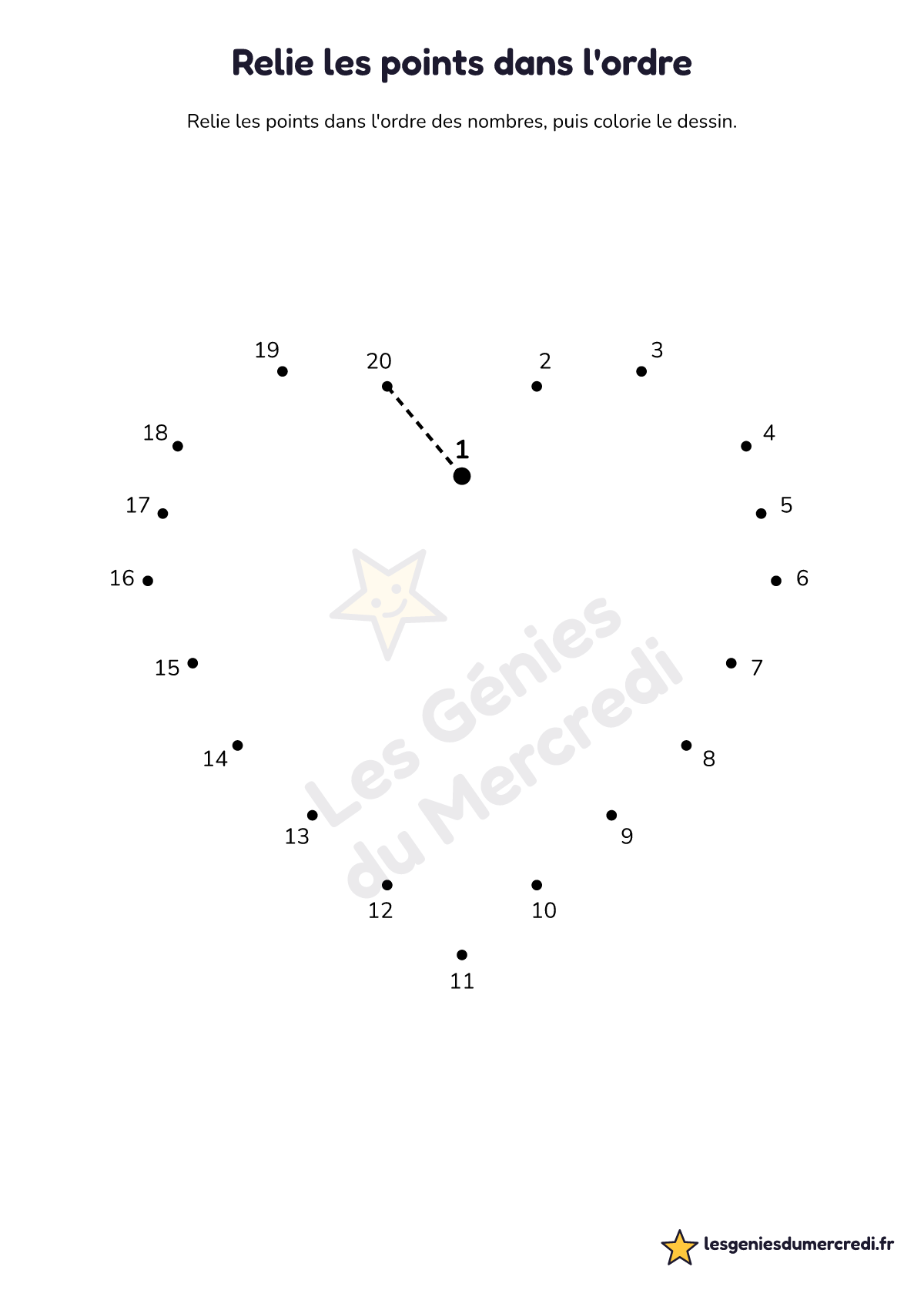 Fiche « Relie les points dans l'ordre » à imprimer (1 → 20), maternelle moyenne section, grande section