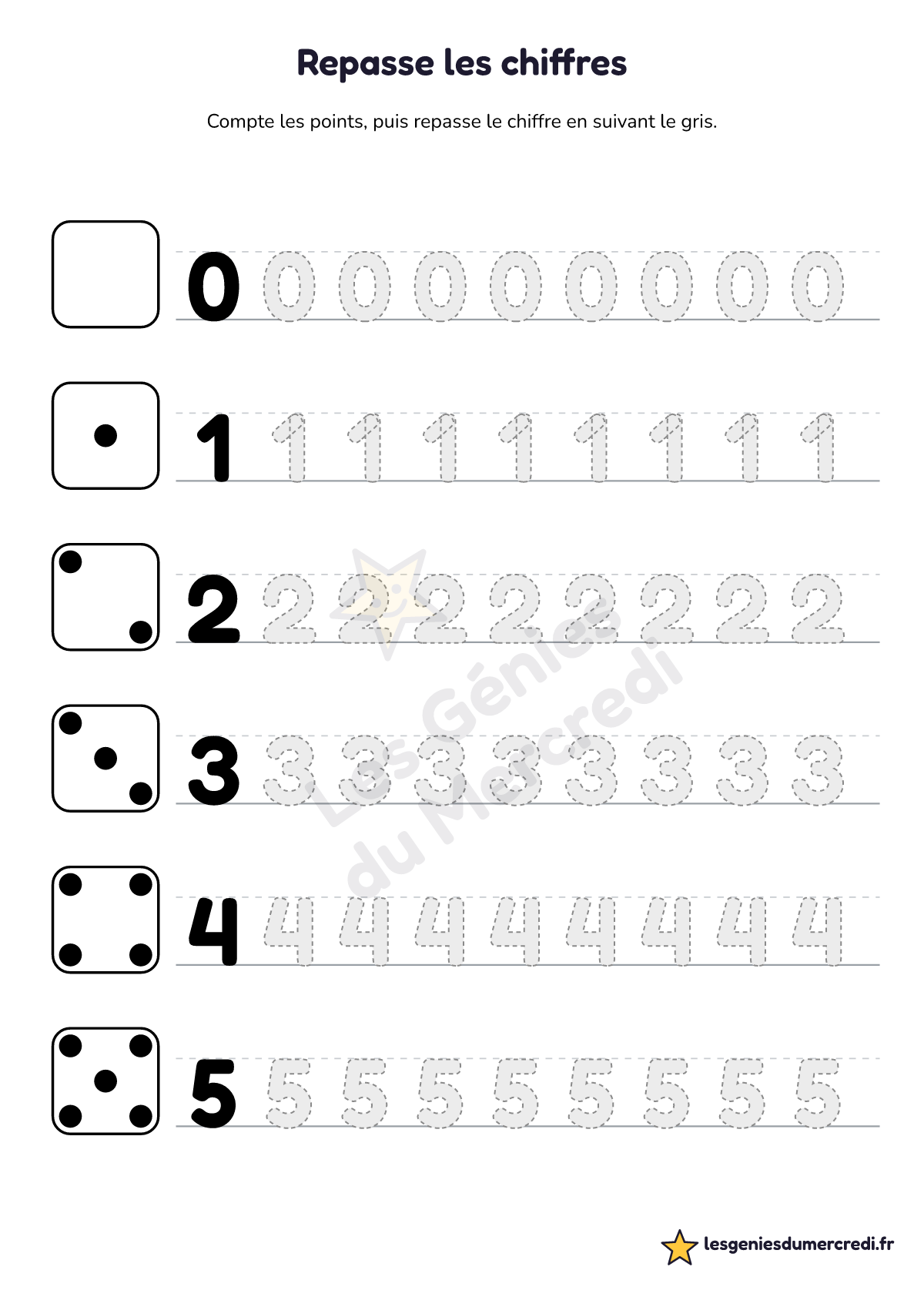Fiche « Repasse les chiffres » à imprimer (0 à 5, Moyen), maternelle moyenne section, grande section