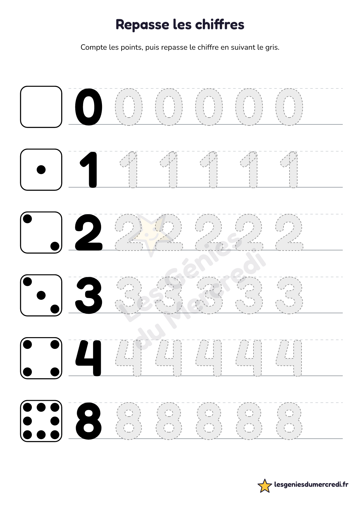 Fiche « Repasse les chiffres » à imprimer (0 à 9, Grand), maternelle moyenne section, grande section