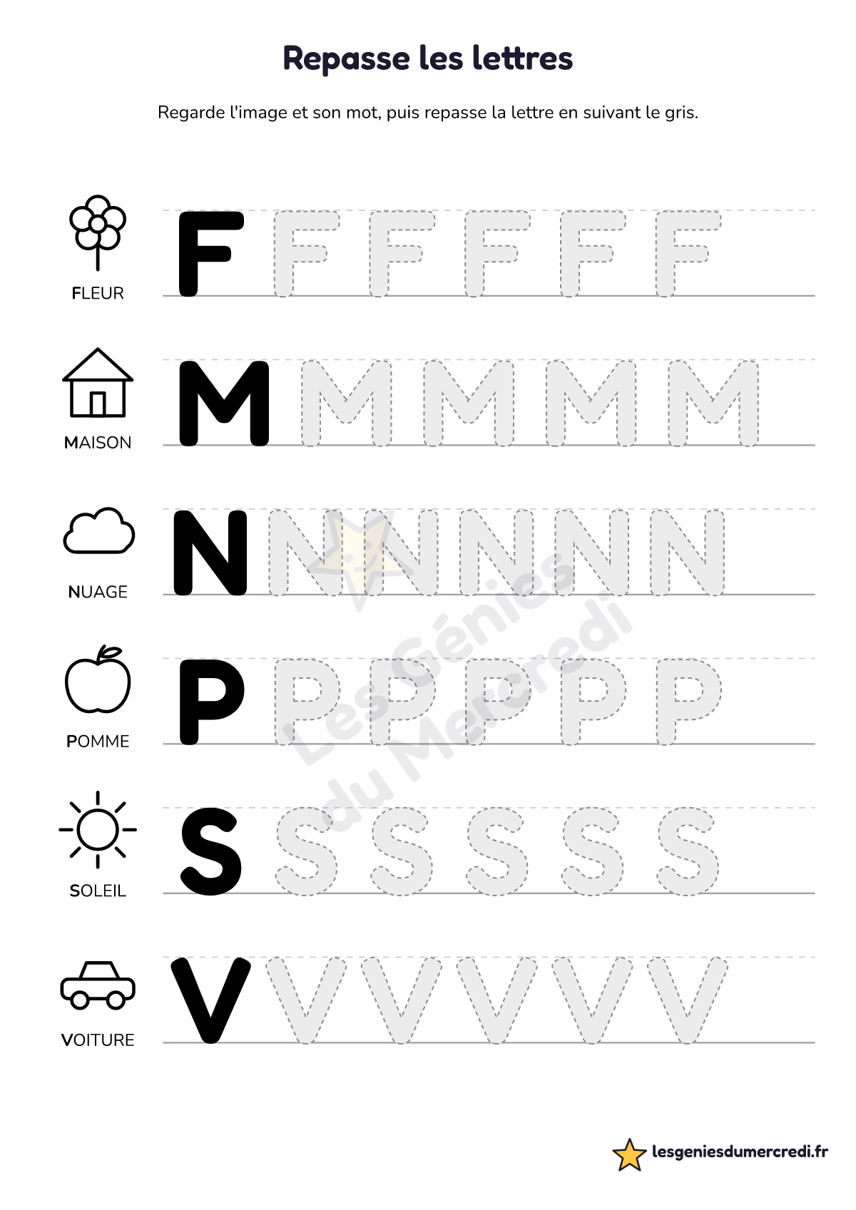 Fiche « Repasse les lettres » à imprimer (CAPITALES, Grand), maternelle moyenne section, grande section