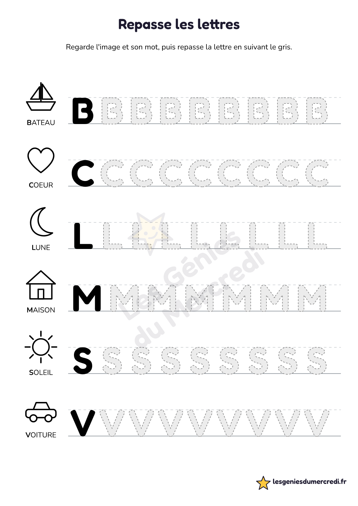 Fiche « Repasse les lettres » à imprimer (CAPITALES, Moyen), maternelle moyenne section, grande section