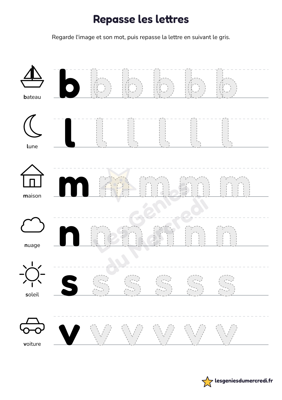 Fiche « Repasse les lettres » à imprimer (minuscules, Grand), maternelle moyenne section, grande section