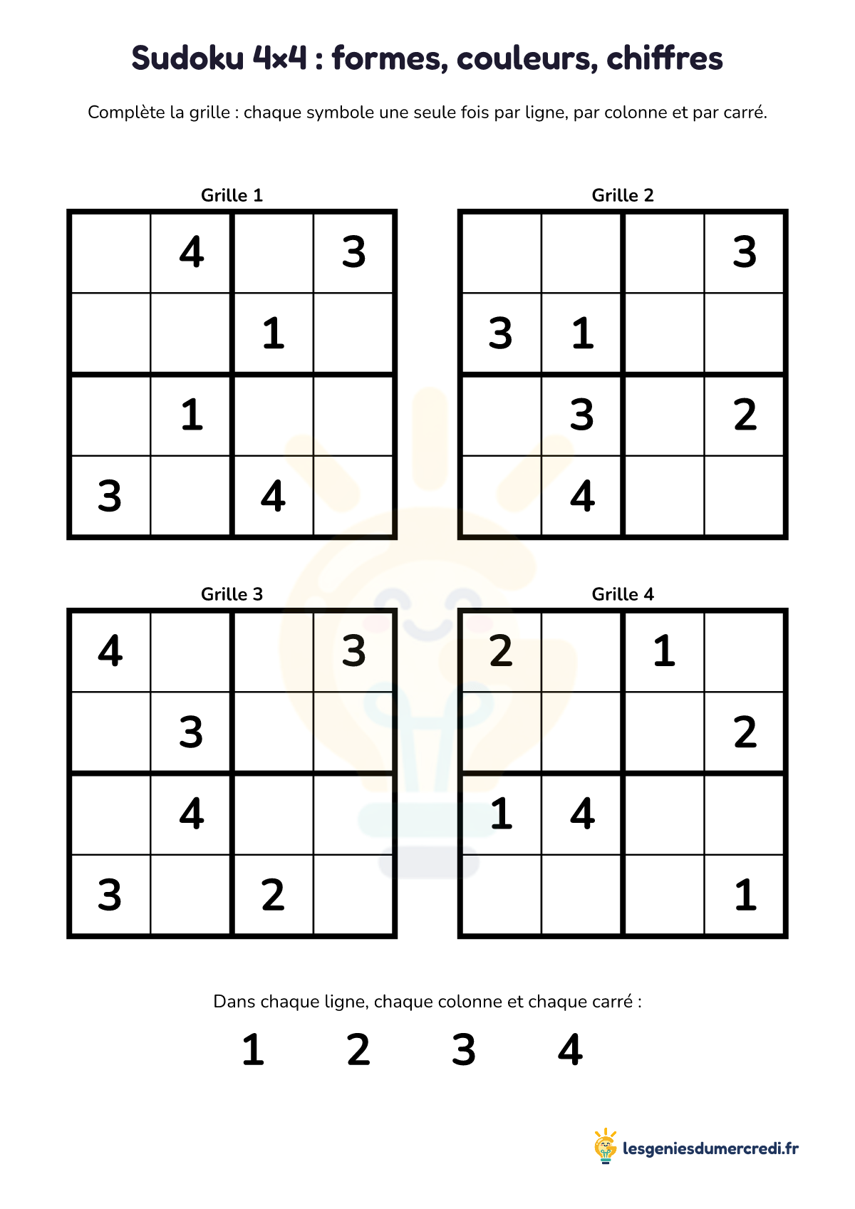 Fiche « Sudoku 4×4 : formes, couleurs, chiffres » à imprimer (Chiffres, Moyen), maternelle moyenne section, grande section