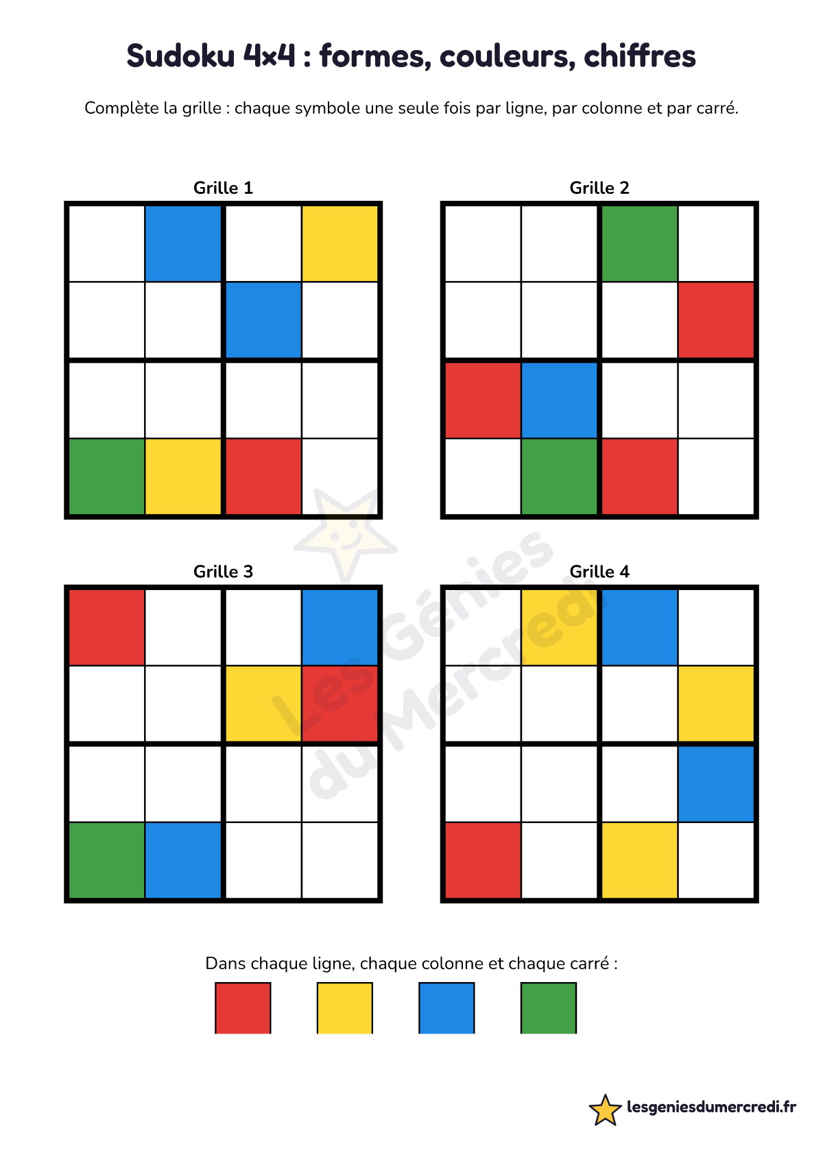 Fiche « Sudoku 4×4 : formes, couleurs, chiffres » à imprimer (Couleurs, Moyen), maternelle moyenne section, grande section