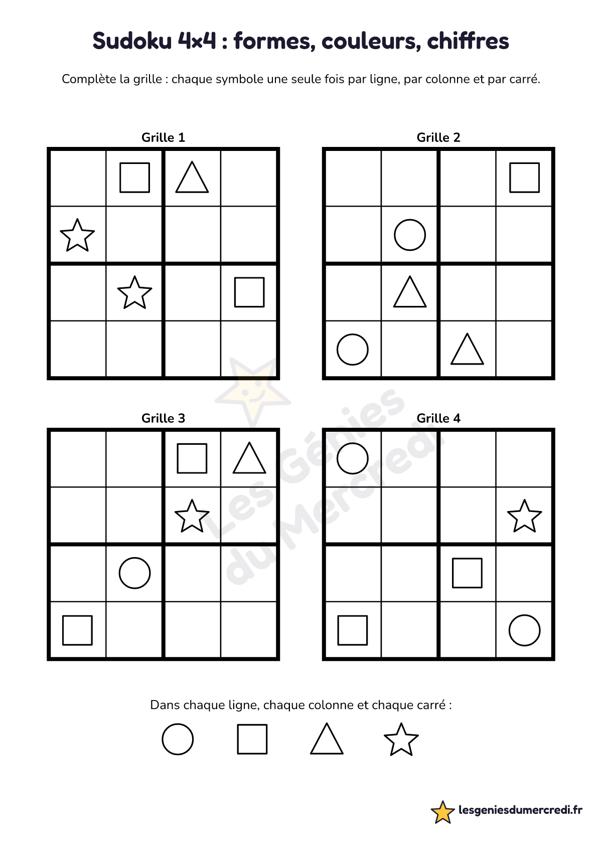 Fiche « Sudoku 4×4 : formes, couleurs, chiffres » à imprimer (Formes, Difficile), maternelle moyenne section, grande section