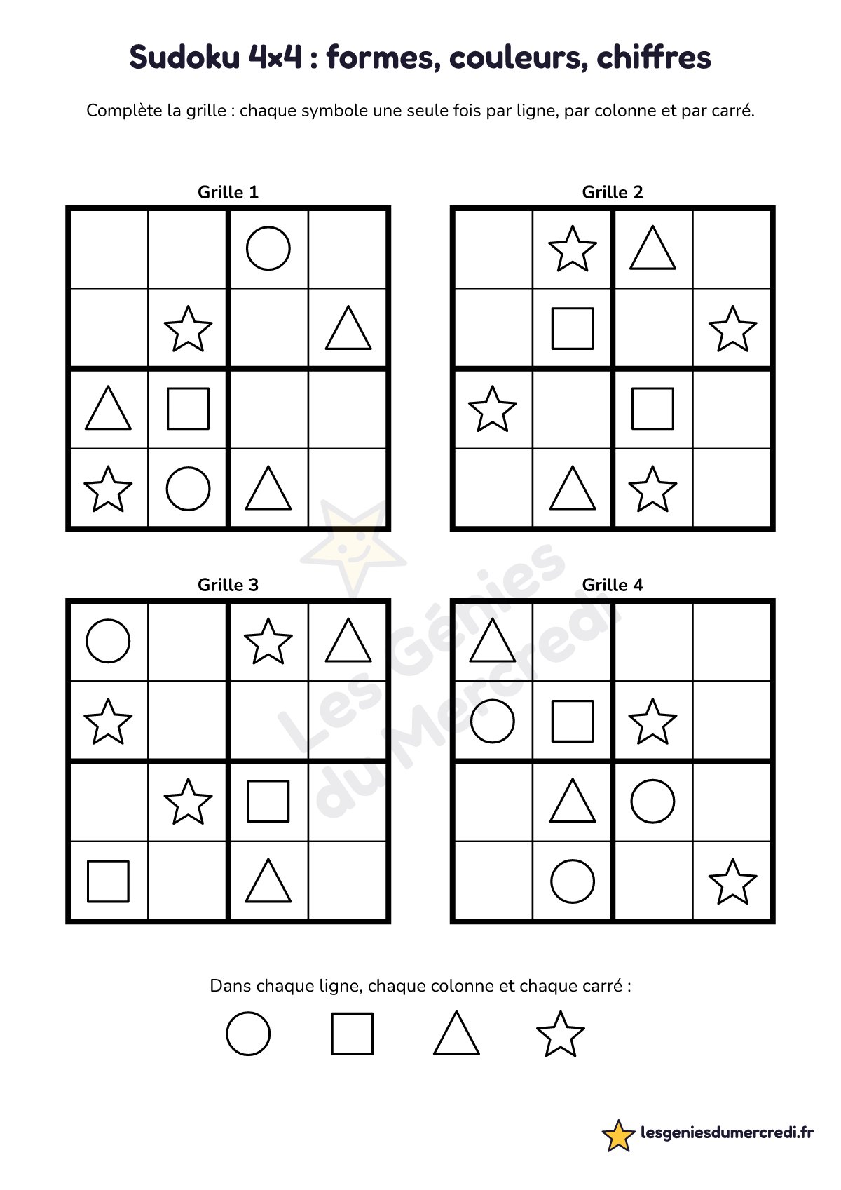 Fiche « Sudoku 4×4 : formes, couleurs, chiffres » à imprimer (Formes, Facile), maternelle moyenne section, grande section