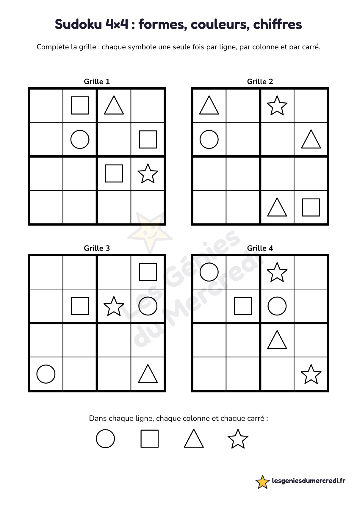 Fiche « Sudoku 4×4 : formes, couleurs ou chiffres » à imprimer (Formes, Moyen), maternelle moyenne section, grande section